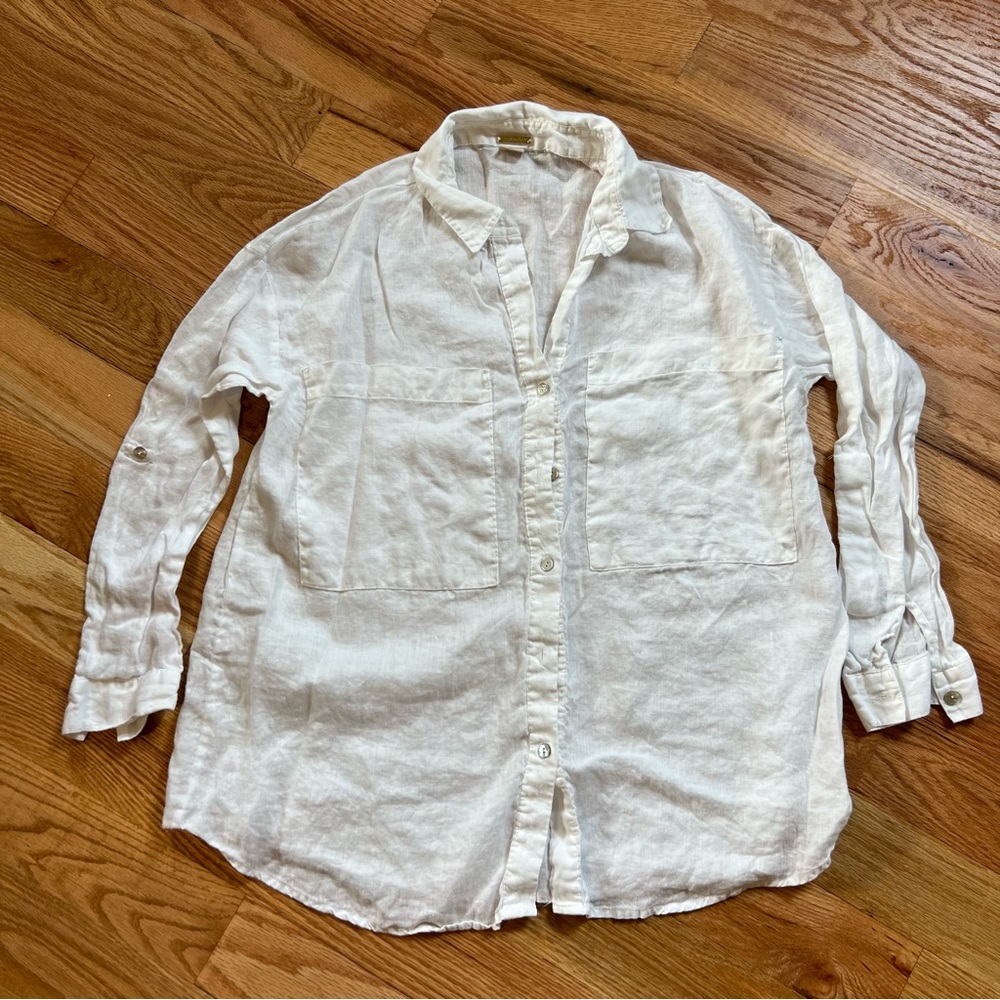 Magaschoni White Linen Relaxed Button-Down Shirt